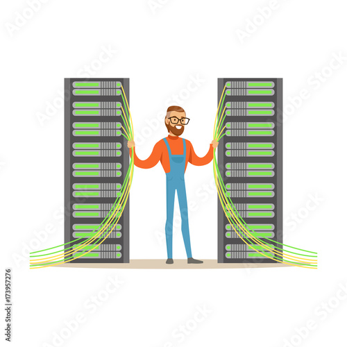 System administrator, server admin, programmer working with hardware equipment of data center, technologies server maintenance support descriptions vector illustration