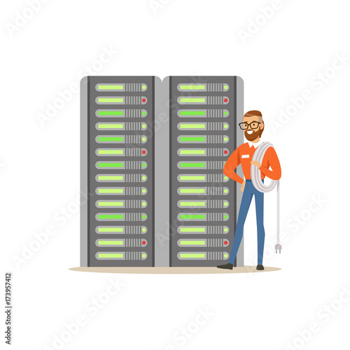 System administrator, server admin, programmer working with hardware equipment of data center, server maintenance support vector illustration