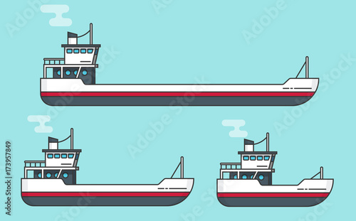 Small and big transport ships flat cartoon line outline style, boats vector illustration set, empty freight vessel and small ferry or fishing boat isolated