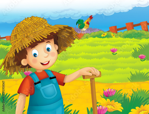 cartoon scene with happy boy working on the farm - standing and smiling   illustration for children