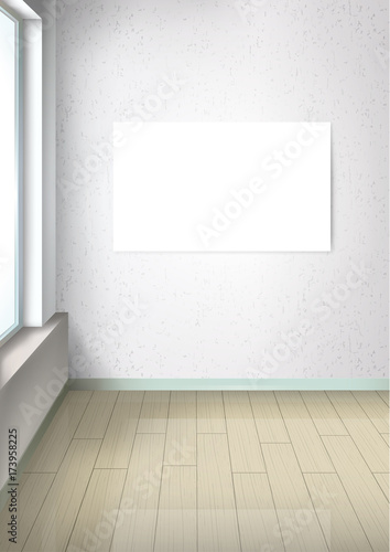 Bright empty room with a window. Room in perspective. White picture without a frame on the wall. Interior design and furniture elements. White blank frame for adding pictures.Vector.