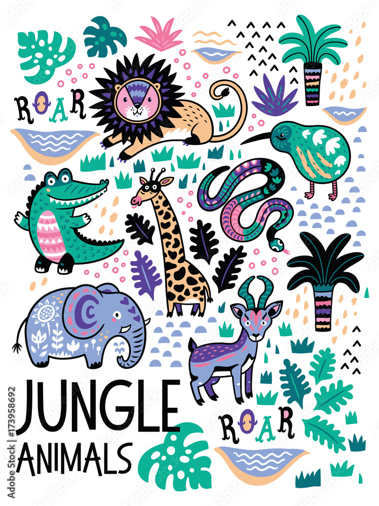 Fashion safari seamless pattern with jungle animals in vector