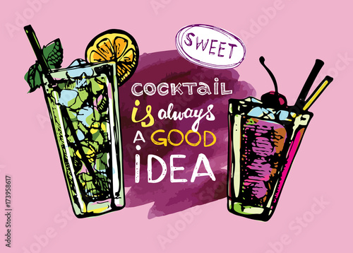Cocktail set. Elements for the graphic design of the menu bars, restaurants, invitations, announcements. Hand drawn sketch set of alcoholic cocktails. Vintage vector illustration