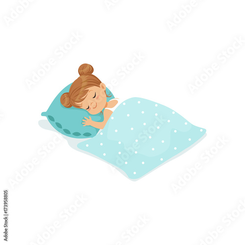 Sweet little girl sleeping on her bed cartoon character vector illustration
