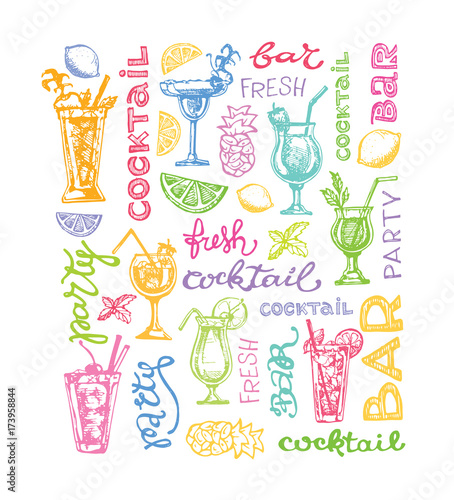 Cocktail set. Elements for the graphic design of the menu bars, restaurants, invitations, announcements. Hand drawn sketch set of alcoholic cocktails. Vintage vector illustration