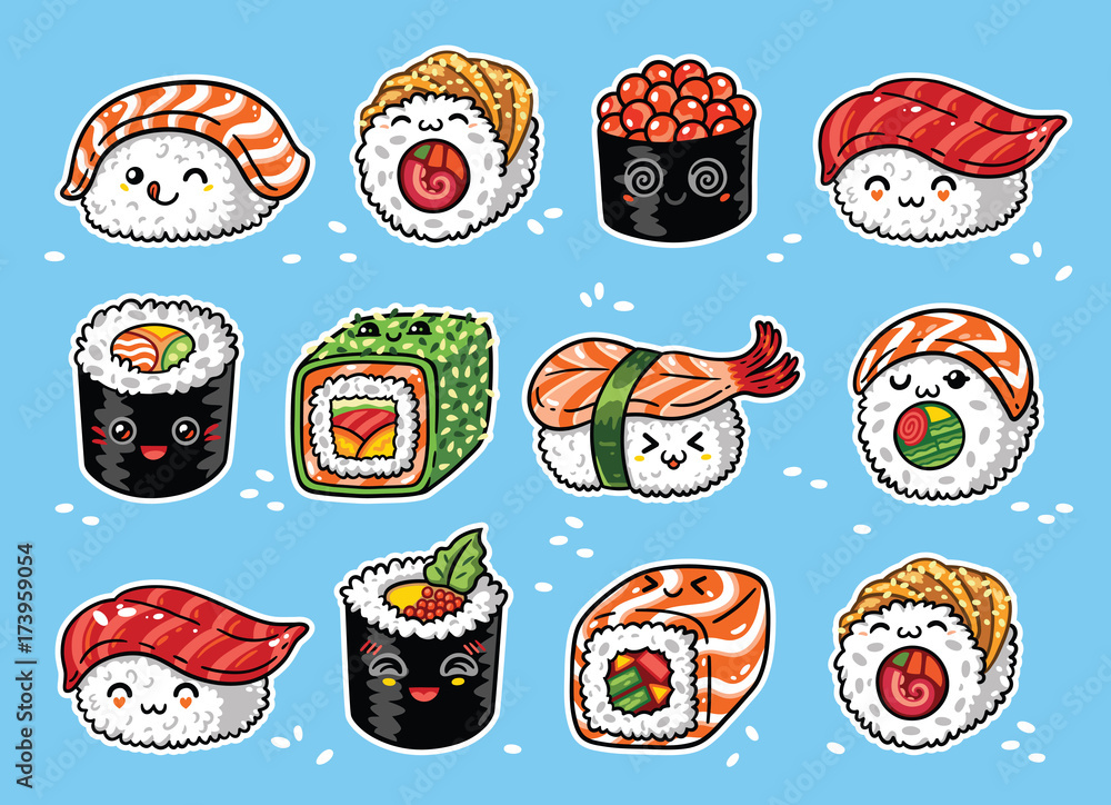 Obraz premium Kawaii rolls and sushi manga cartoon set. Vector illustration