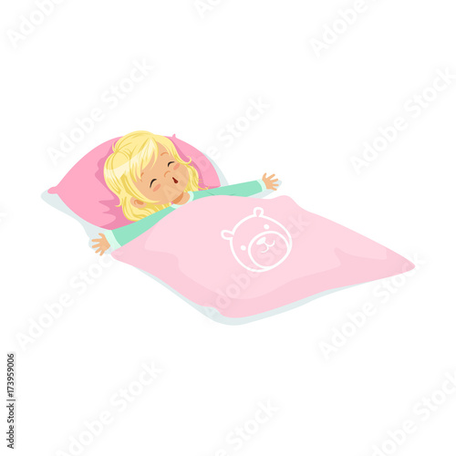 Sweet blonde little girl sleeping on her bed cartoon character vector illustration