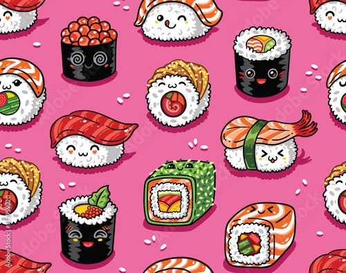 Sushi and sashimi seamless pattern in kawaii style. Vector illustration
