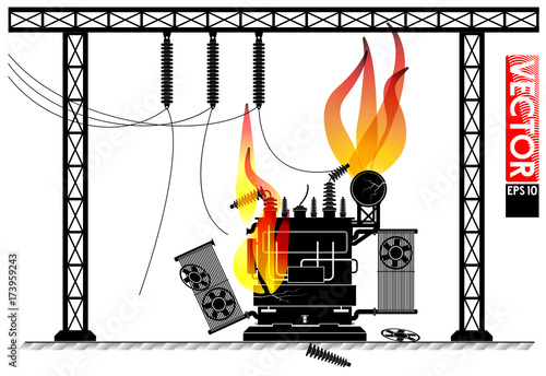 Accident at the transformer substation. Fire on the transformer. Power outage. Blackout news. Wires and supports.
