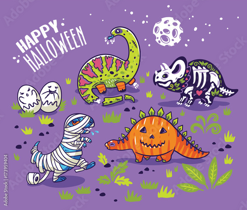 Dinosaurs in costumes for Halloween. Vector set of characters