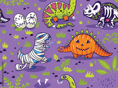 Dinosaurs in costumes for Halloween. Vector seamless pattern
