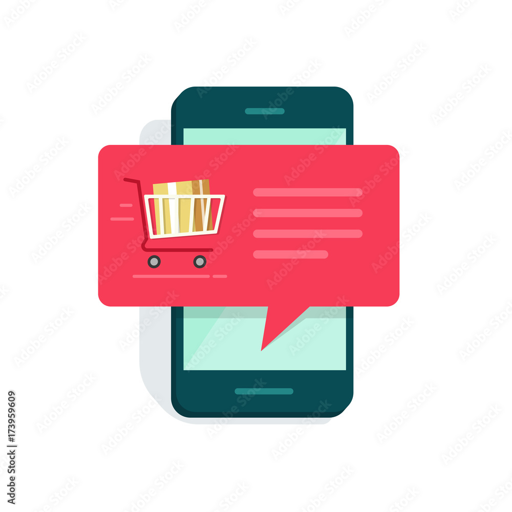 Notification on mobile phone vector illustration, concept of new online order message on smartphone, ecommerce sale push notification isolated on white background flat style Notification on mobile phone vector illustration, concept of new online order message on smartphone, ecommerce sale push notification isolated on white background flat style