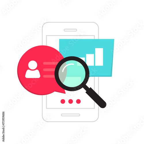 Mobile phone data analytics concept vector illustration isolated on white background, smartphone social statistics analysis, audit, research information, data measure analyze