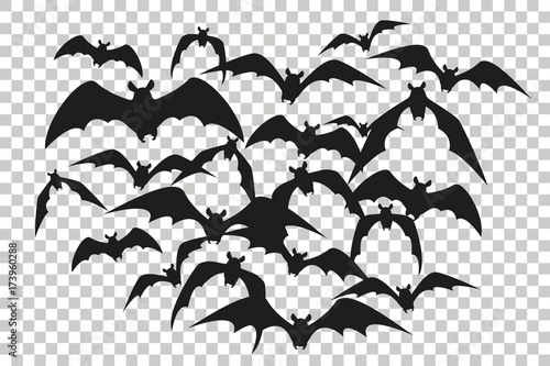 Black silhouette of flock of bats. Bunch of bats isolated on transparent background. Halloween traditional design element. Vector illustration