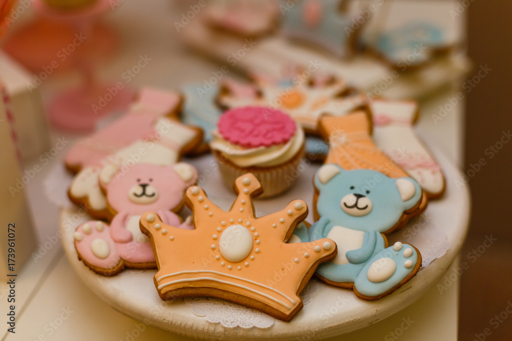 Sugar gingerbread cookies on white background , crown shaped
