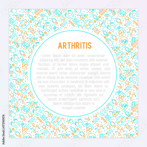 Arthritis concept with thin line icons of symptoms and treatments: pain in joints, obesity, fast food, alcohol, medicine, wheelchair. Vector illustration for banner, web page, print media.