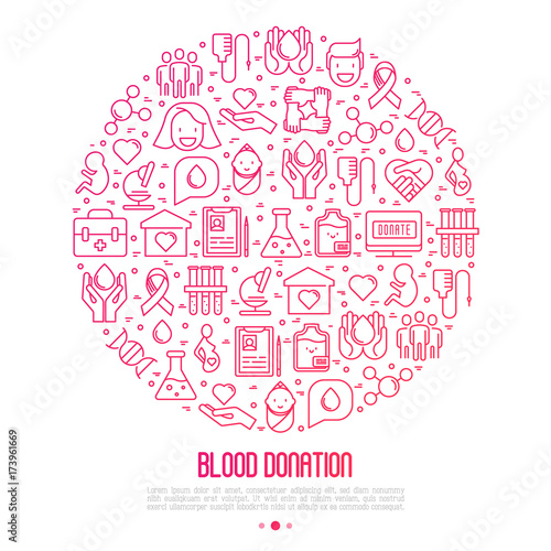 Blood donation concept in circle with thin line icons. World blood donor day. Vector illustration for web page, banner, print media.