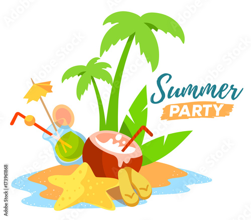 Vector creative illustration of a sandy island in the ocean with a green palm tree, starfish, flip flops, coconut, cocktail on white background with title.