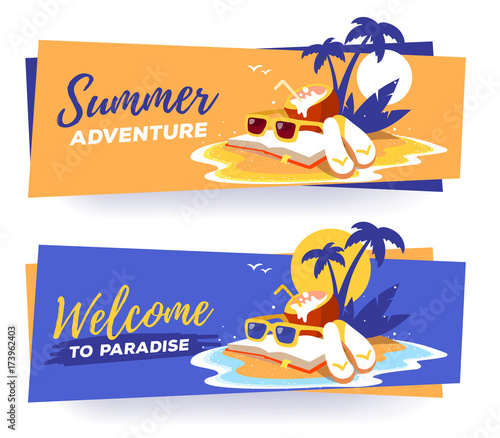 Vector template with illustration of a sandy island in the ocean with a palm tree, book, sunglasses, coconut cocktail with sun and waves on two color background.