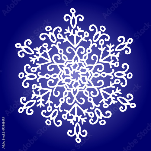 Winter white snowflake on blue background. Christmas element. Vector illustration.