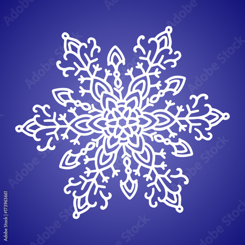 Winter white snowflake on blue background. Christmas element. Vector illustration.