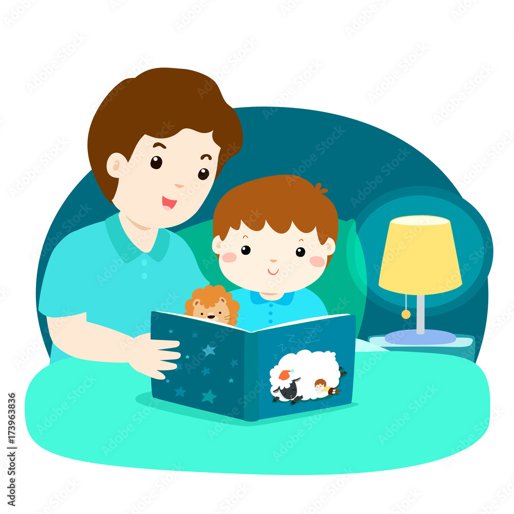 A vector illustration of a father reading a bedtime story to his son. A vector illustration of a father reading a bedtime story to his son.