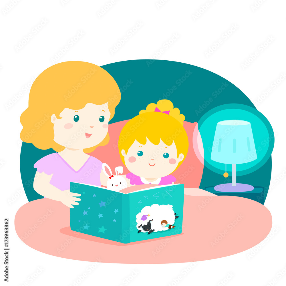 A vector illustration of a mother reading a bedtime story to her daughter.. A vector illustration of a mother reading a bedtime story to her daughter..