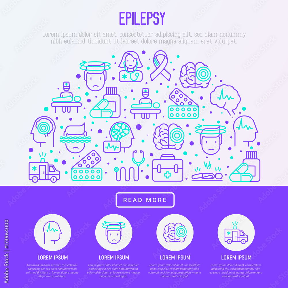 Epilepsy concept in half circle with thin line icons of symptoms and treatments: convulsion, disorder, dizziness, brain scan. World epilepsy day. Vector illustration for banner, web page, print media.