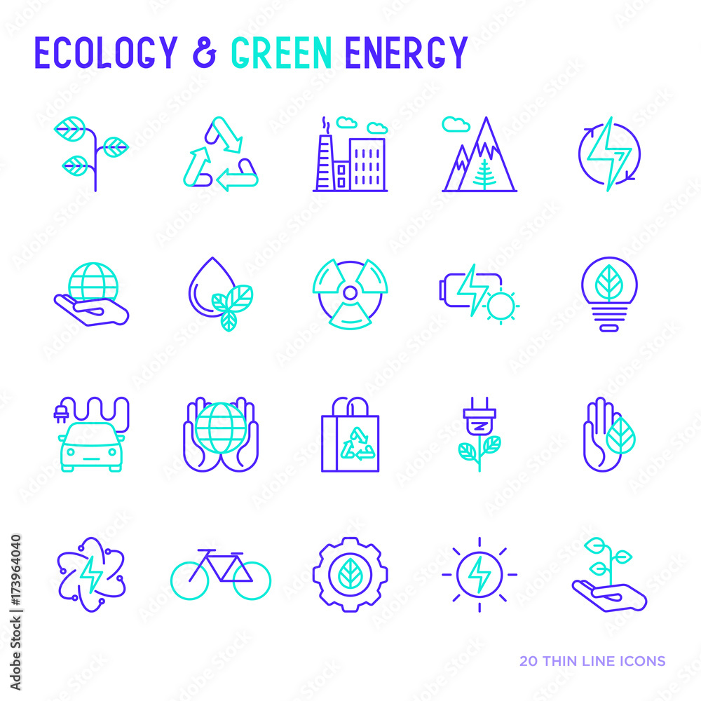 Ecology and green energy thin bicolor line icons for environmental