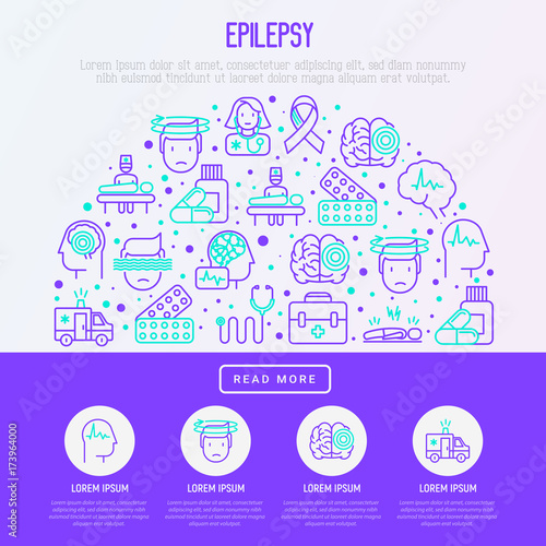 Epilepsy concept in half circle with thin line icons of symptoms and treatments: convulsion, disorder, dizziness, brain scan. World epilepsy day. Vector illustration for banner, web page, print media.