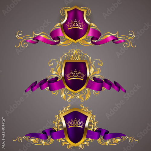 Set of golden royal shields with floral elements, ribbons, laurel wreaths for page, web design. Old frame, border, crown in vintage style for label, emblem, badge, logo. Vector illustration EPS10