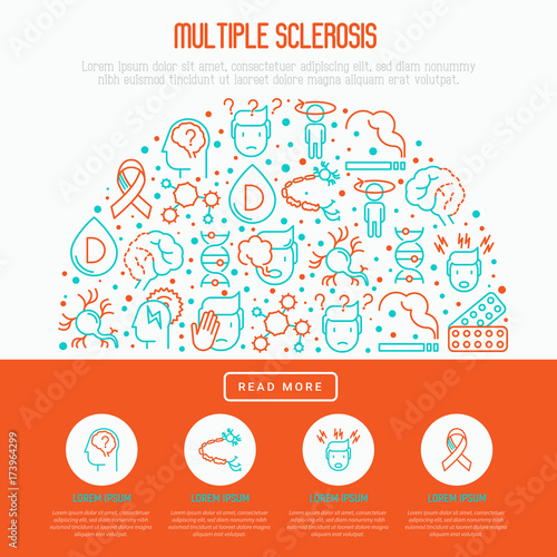 Multiple sclerosis concept in half circle with thin line icons of symptoms and treatments: disorientation, heredity, neuron myelin sheaths, vitamin D. Vector illustration for banner, web page.