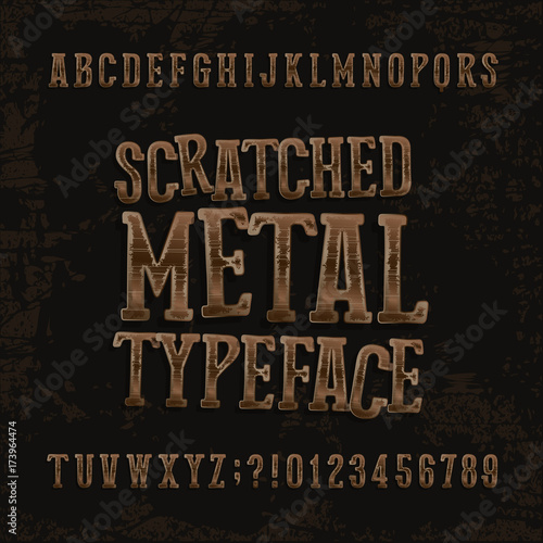 Scratched metal typeface. Retro alphabet font. Metallic letters and numbers on a dark rough background. Stock vector vintage typeset for your headers or any typography design.