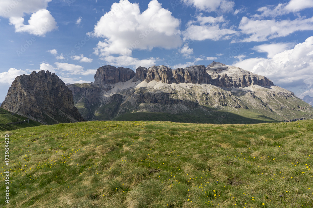 A beautiful view of the Sella group in June. Dolomites. Italy.