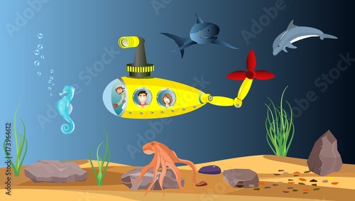 Submarine with kids swimming in deep sea world vector illustration