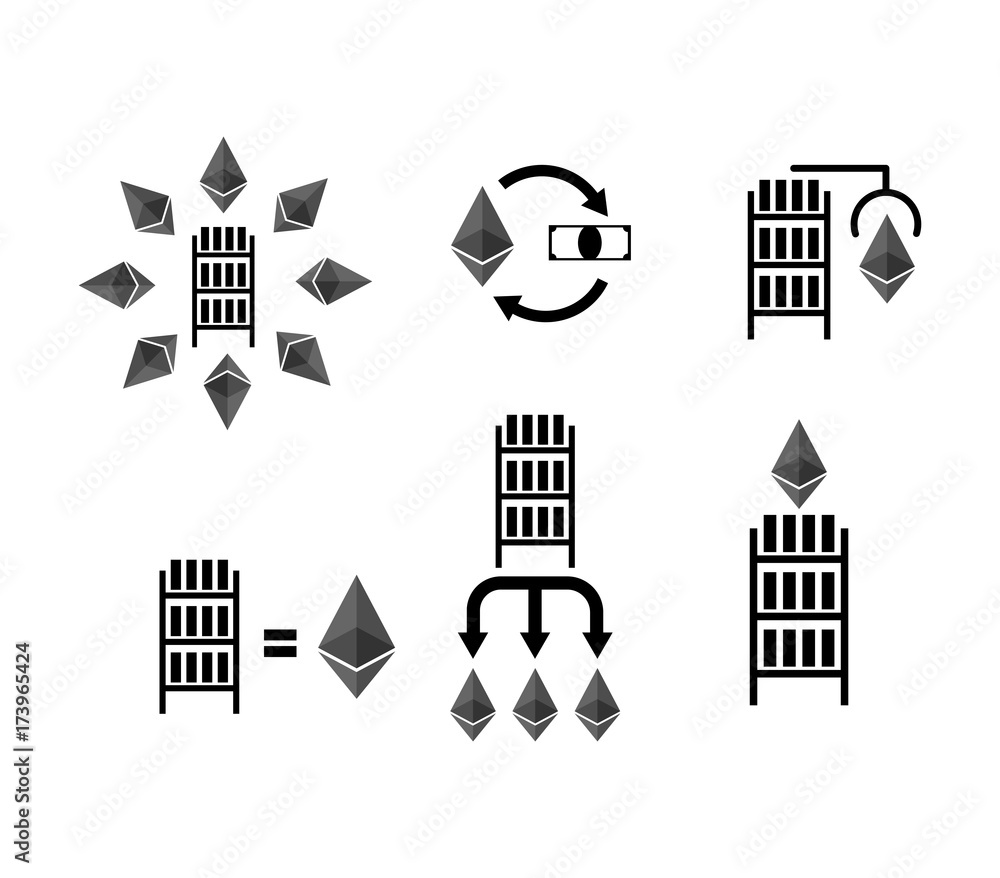Cryptocurrency Extraction and exchange system set icon. Mining etherium ...