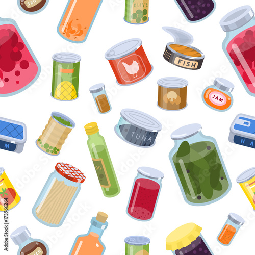 Collection of various tins canned goods food metal container product seamless pattern vector illustration.