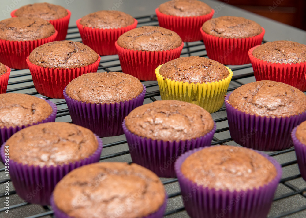 Cupcakes in vibrant paper wrappers cooling on wire rack Cupcakes in vibrant paper wrappers cooling on wire rack