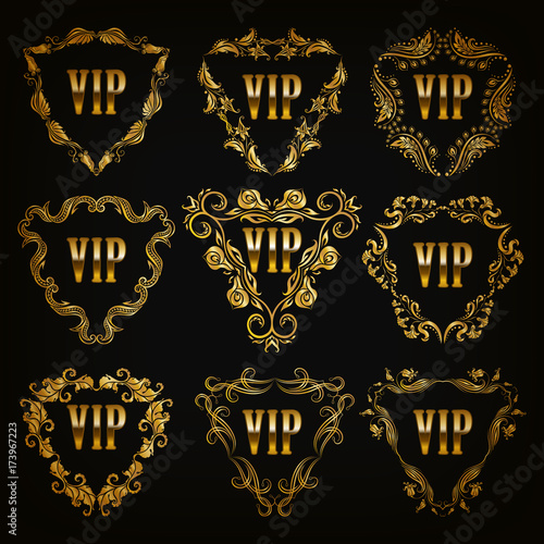 Set of gold linear vip monograms for graphic design on black background. Elegant graceful frame  filigree border in vintage style for wedding invitations  card  logo  icon. Vector illustration EPS 10.