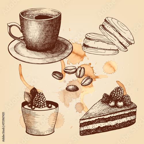 Vector collection of ink hand drawn vintage coffee illustration isolated on white background for restaurant or cafe menu. Vintage coffee and pastry illustration