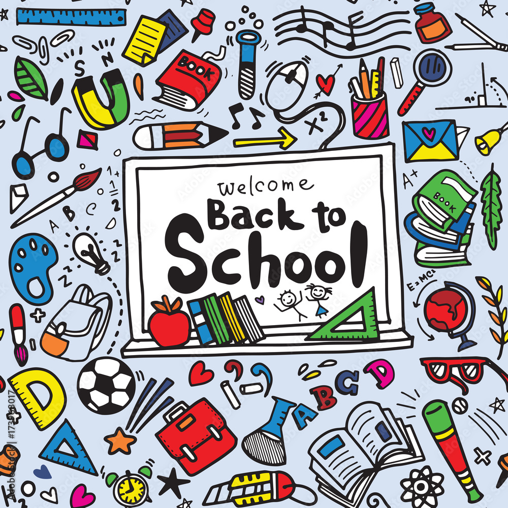 Welcome Back to School poster with doodles,Vector illustration. Stock ...