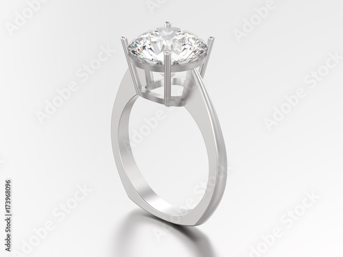 3D illustration white gold or silver engagement euro style ring with diamond with reflection and shadow