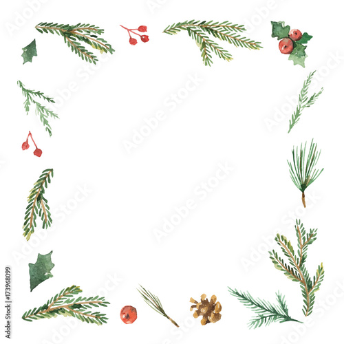 Watercolor Christmas frame with fir branches and place for text.