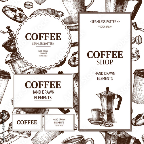 Ink hand drawn coffee pot and coffee cup illustration on white background. Vintage vector coffee illustration. I love coffee