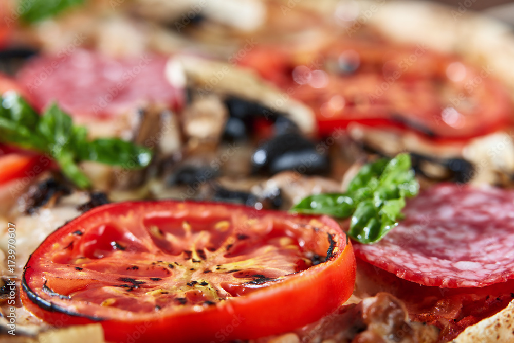 Closeup of pizza with salami, tomatoes and olives Closeup of pizza with salami, tomatoes and olives