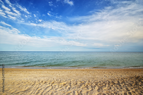 Sea seascape tropical beach with sunny sky. Summer paradise beach of Azov