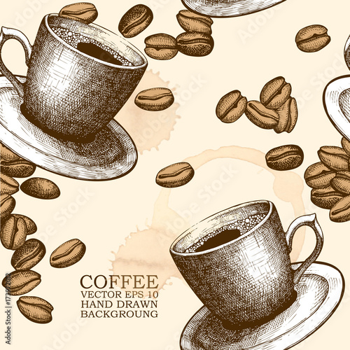 Vector seamless pattern with ink hand drawn coffee and dessert illustrations. Vintage coffee   sketch background.