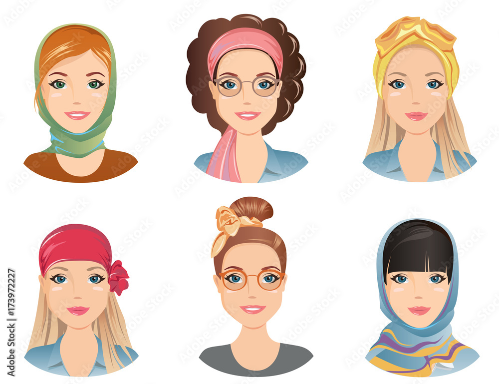 Female hairstyles with different fashion scarves. For the girl, young adult, woman, set 8, / flat design, vector illustration Female hairstyles with different fashion scarves. For the girl, young adult, woman, set 8, / flat design, vector illustration