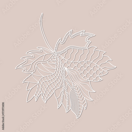 Openwork white paper Maple Leaf. Contour hand drawing with pattern. Stencil design. Laser decoration template. Vector illustration.