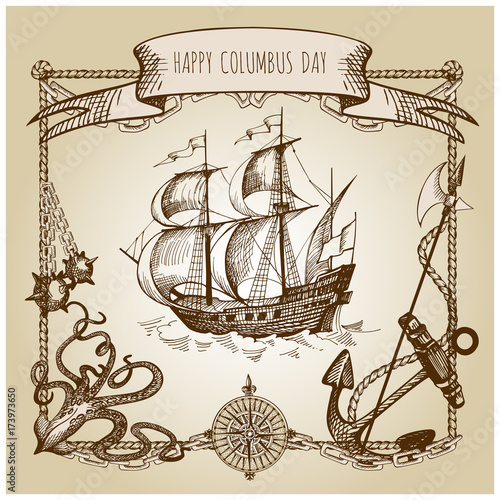 Adventure stories. Pirate background. Vintage border frame. Old caravel, vintage sailboat, sea monster.